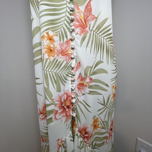 Vestique Floral Full Button Thigh Slit V Neck Maxi Dress Tropical Boho Womens L - Picture 6 of 10
